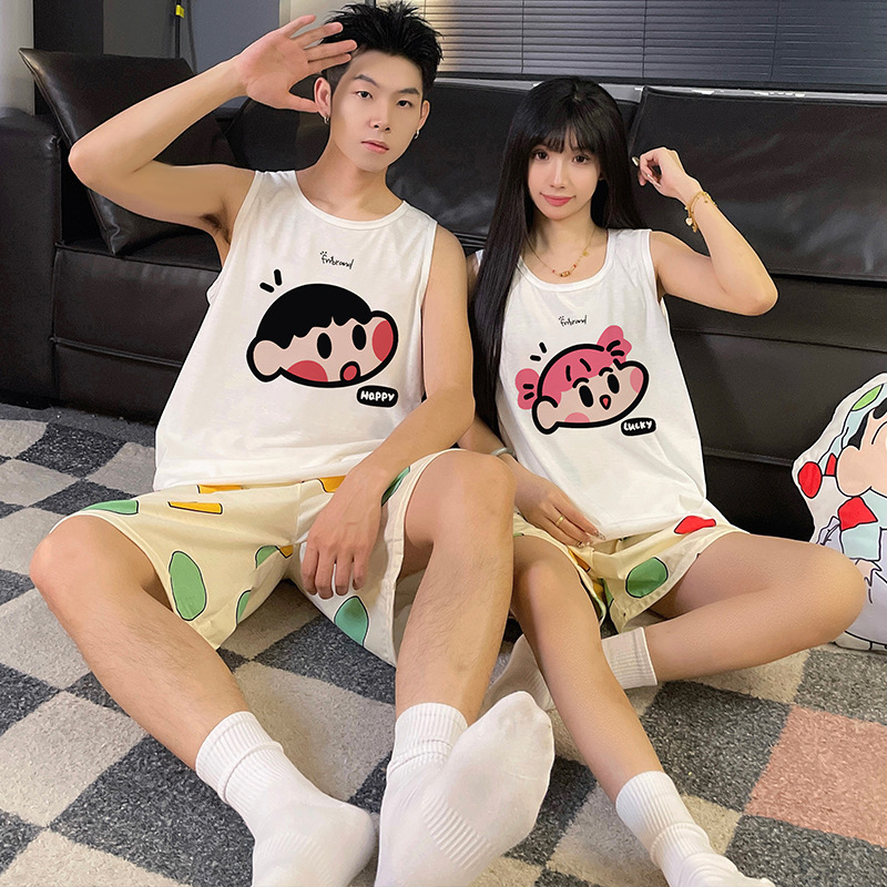 Crayon Shin-chan pijamas de pareja mujeres verano algodón chaleco pantalones cortos estudiantes de dibujos animados lindo traje de servicio a domicilio para hombres