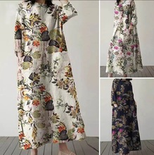 2024春夏新款跨境女装棉麻印花国风复古套头宽松圆领日韩连衣裙