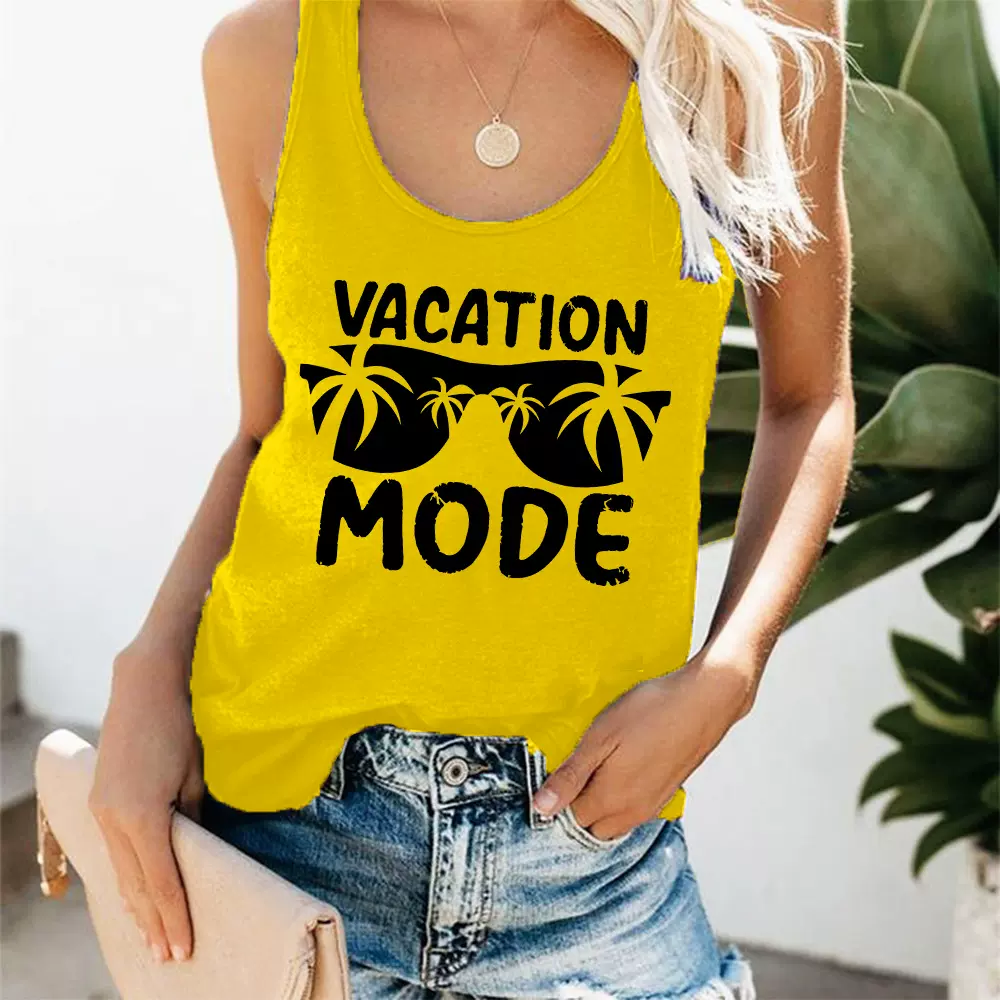 假期背心女欧码现货上衣VACATION MODE椰子树印花背心女欧美日常