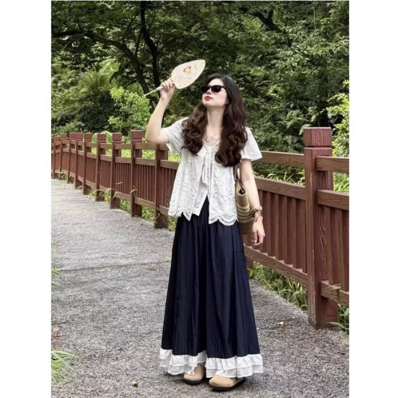 A Complete Set of Super Hot Summer Clothes for Women, Forest-Style Elegant Lace Edge Cut Out Short-Sleeved Shirts and Wide-Leg Pants A Complete Set of Super Hot Summer Clothes for Women, Forest-Style Elegant Lace Edge Cut Out Short-Sleeved Shirts and Wide-Leg Pants