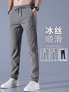 2024 Korean Style Ice Silk Thin Breathable Casual Pants Men's Summer Fashionable All-match Slim-fit Pants with Elapsed Waist