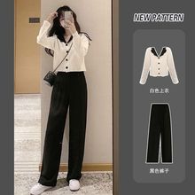 单件套装针织女装秋冬新款减龄显高娃娃领上衣阔腿裤两件套毛衣女