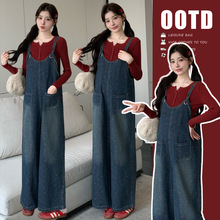 实拍 新品针织上衣+韩版休闲简约牛仔背带裤套装