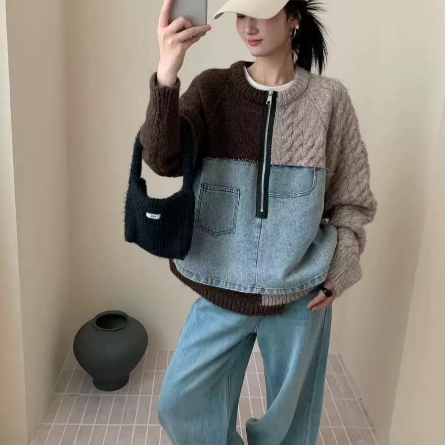 Denim knitted retro small design short jacket