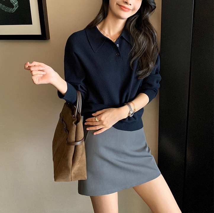 慵懒基因 polo领套头毛衣女春秋宽松慵懒长袖针织衫上衣|undefined