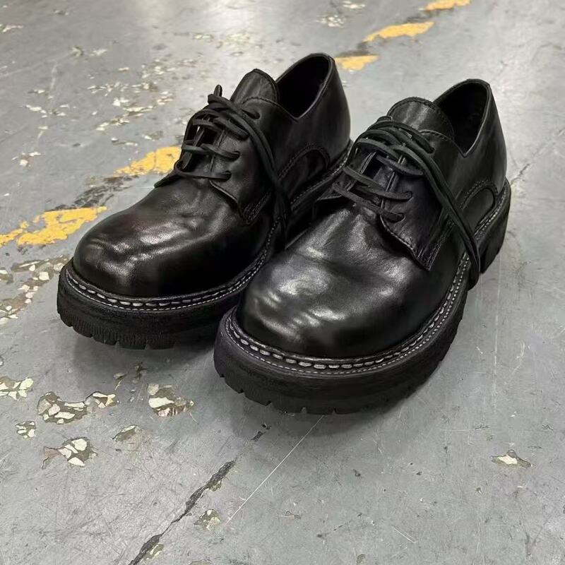 Round-Toe Lace-Up First-Layer Horsehide Dark Avant-Garde Goodyear Hand-Stitched Washed Vintage Handmade Derby Leather Shoes Round-Toe Lace-Up First-Layer Horsehide Dark Avant-Garde Goodyear Hand-Stitched Washed Vintage Handmade Derby Leather Shoes