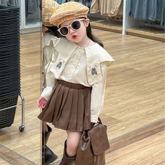 2024春季新款 韓版童裝 女童刺繡小熊娃娃領襯衫翻領可愛卡通襯衣