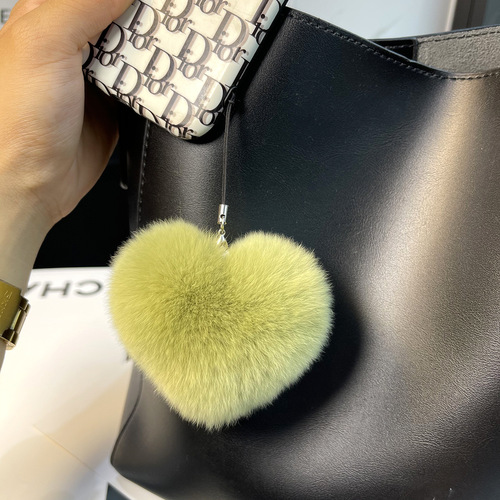 Real Otter Rabbit Plush Heart Car Keychain Pendant Cute Fuzzy Ball Bag Charm Heart Birthday Gift for Girls