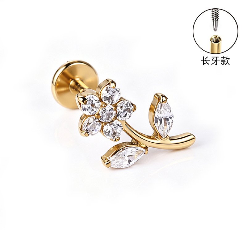 F136 Titanium Alloy Long Tooth Style Ear Studs, Finely Carved Ear Bone Studs with Zirconia, Lip Studs, G23 Titanium Body Piercing Jewelry detail image 19