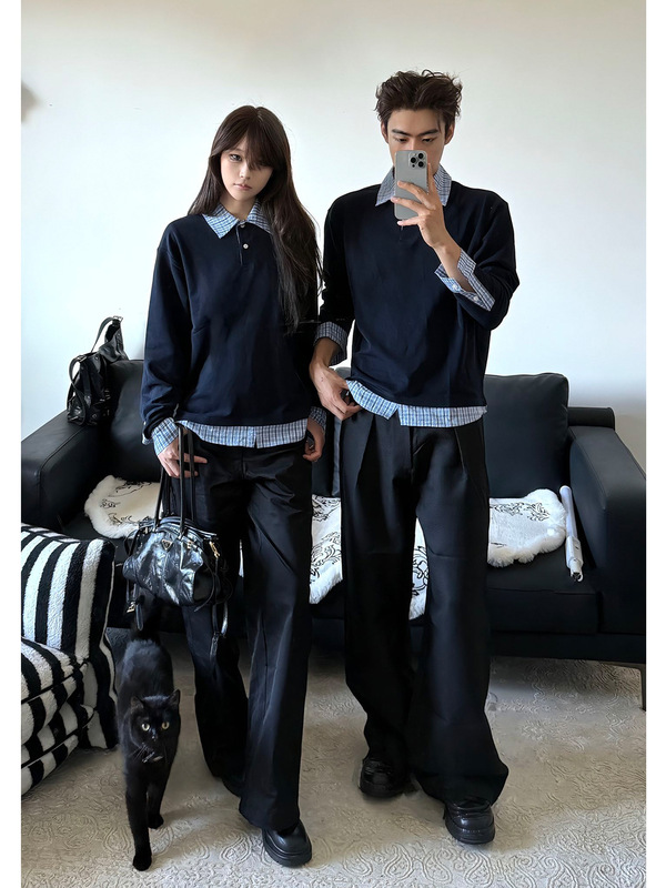 藏青色假两件POLO衫卫衣男女款秋季情侣装打底衫美式复古长袖T恤|undefined