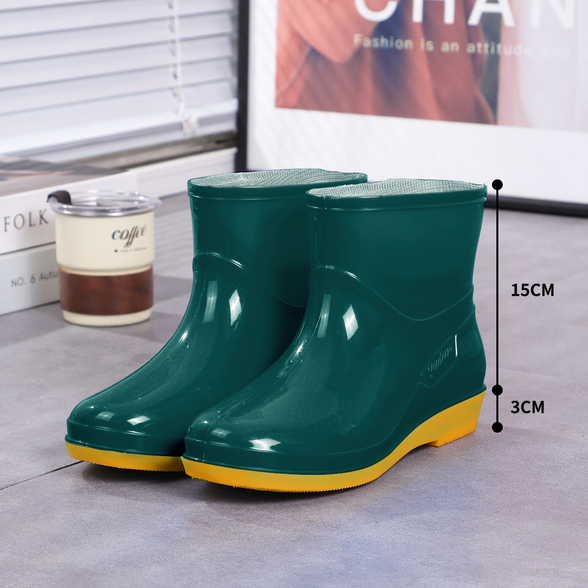 Zapatos de agua de cilindro alto de cocina de mujer con zapatos de lluvia de algodón de lana, zapatos de goma de mujer, zapatos de tendón de torón de cilindro corto antideslizante image 14