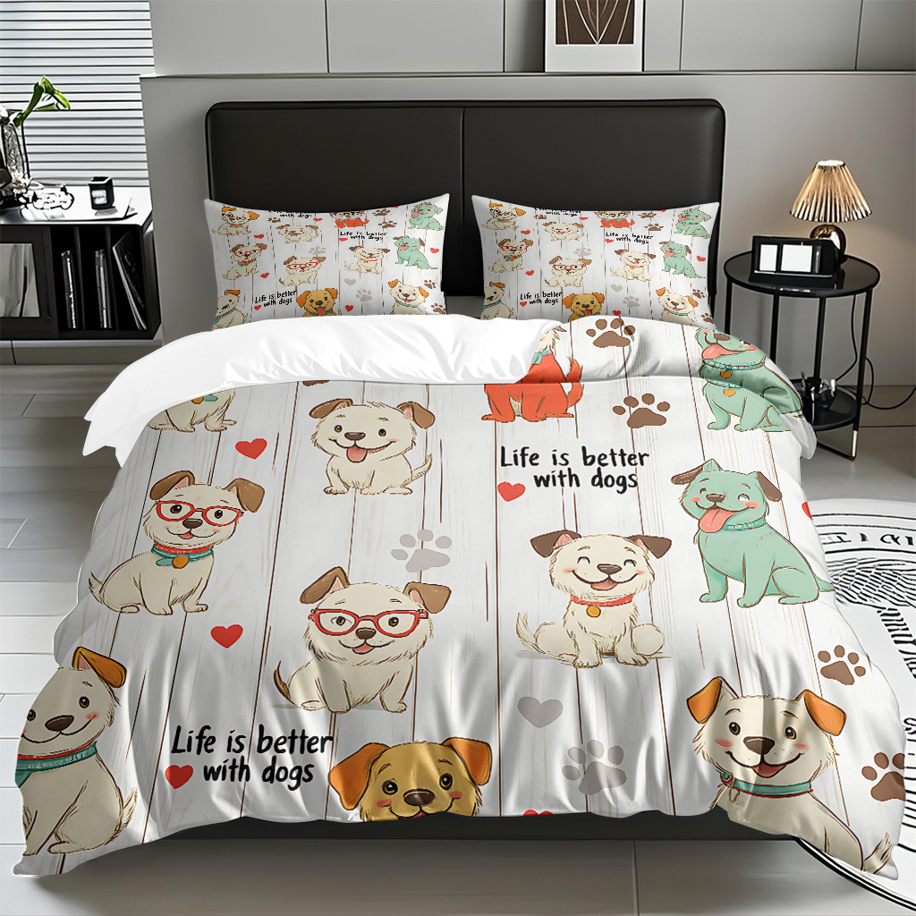 Fábrica de origen transfronteriza textil doméstico TEMU / JIT suave piel abrasiva caricatura cachorro impresión digital set edredón