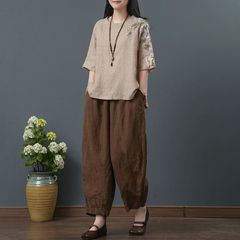 ゆったり大きいサイズの婦人服中年ママ夏リネン刺繍綿麻トップスレディース半袖シャツ9点パンツスーツ
