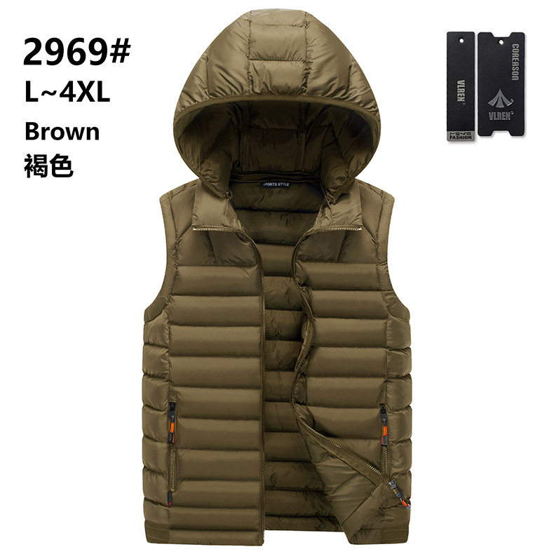 Otoño e Invierno de color sólido costilla de algodón acolchado abrigo de los hombres chaleco delgado con capucha casual cuello desmontable en stock bolsillo de costura lateral