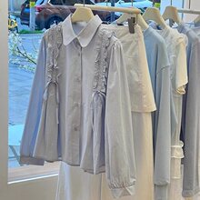 法式自制复古少女休闲宽松浅蓝折叠抽绳设计绑带长袖春秋衬衫