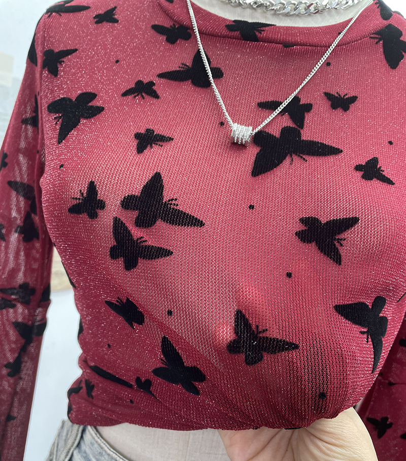 Sexy Butterfly Flocking Shiny Mesh Long Sleeve T shirt Large Bell Sleeve Short Slim Top