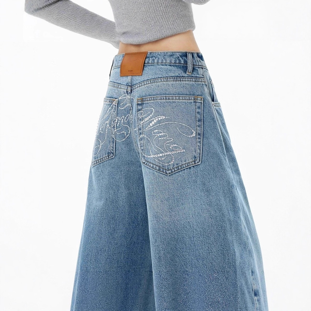 Women's American Style Washed Rhinestone Silhouette Curved Cut Jeans Loose Wide Leg Trousers Casual Cotton Polyester Denim_ecoleips.com