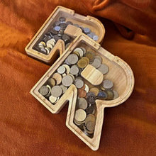 网红木质新款英文字母钱箱儿童男孩储钱罐摆件存钱筒透明创意礼物