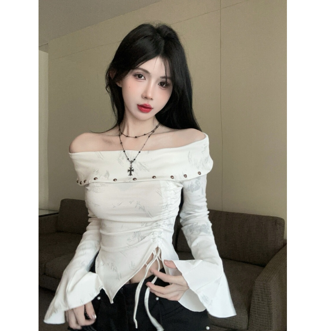 【40支纯棉】喇叭袖不规则长袖t恤女秋美式辣妹性感一字肩打底