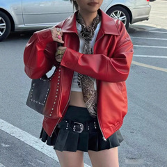 2025女士机车皮夹克常规款大码外套女式皮衣新款美式红色复古气质