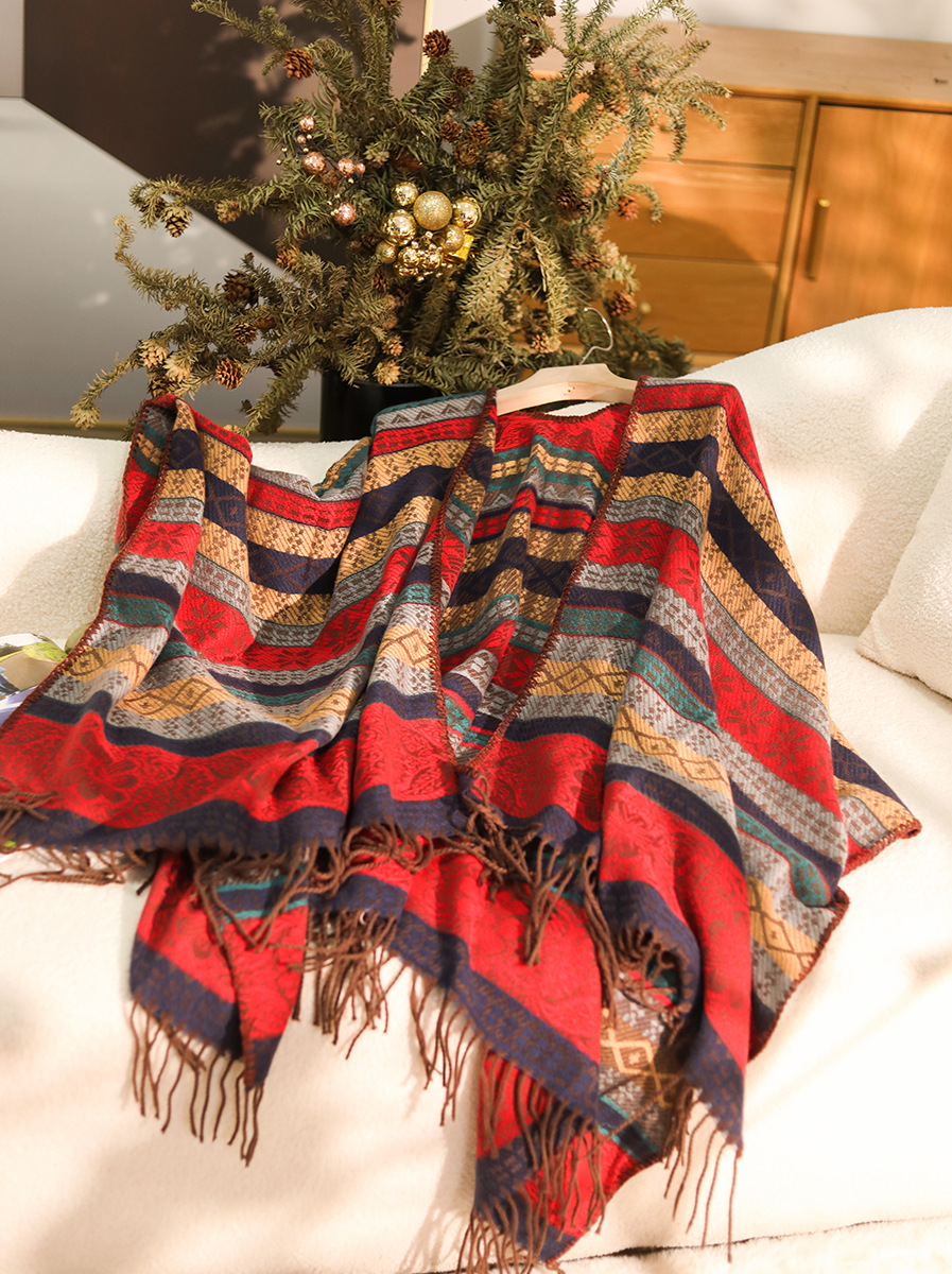 Ethnic color blocking patchwork tassel shawl contrasting stripes travel style outdoor soft blanket scarf_voghion.com