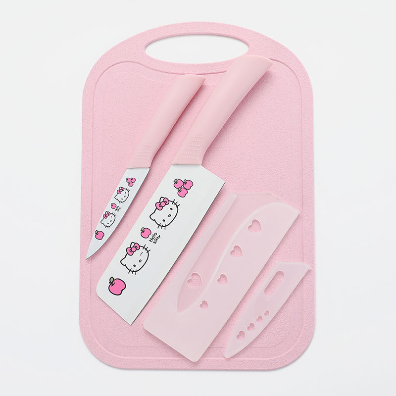 [pink] cutting board + fruit knife + vegetable knife (comes with knife cover)