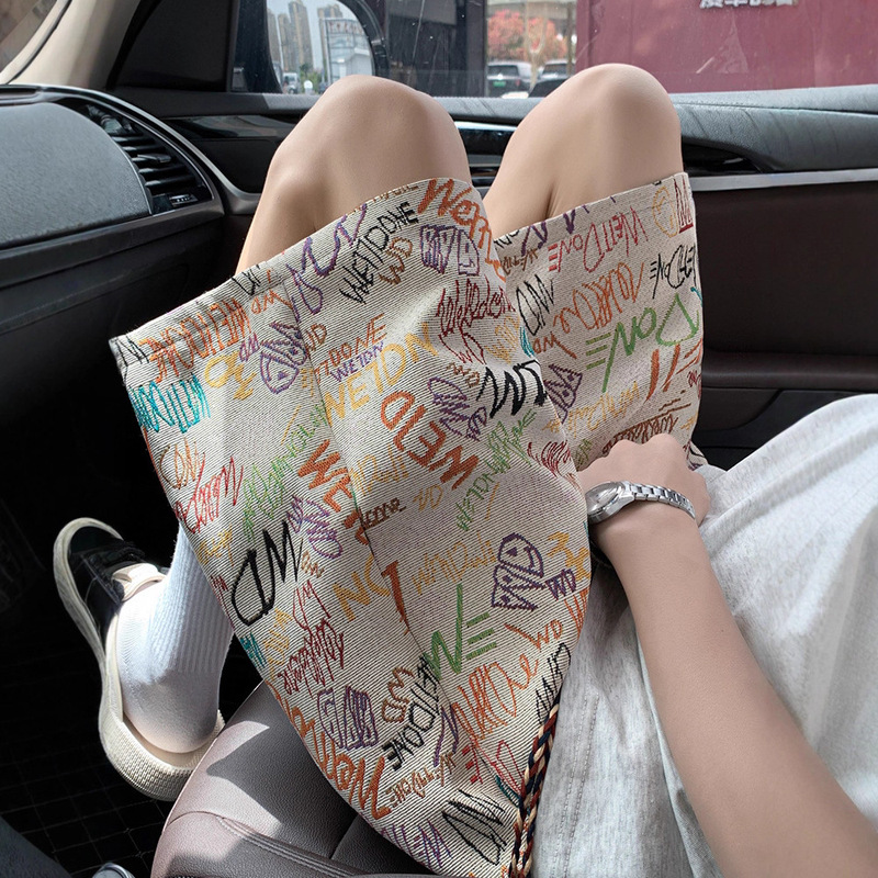 American Retro Graffiti Knitted Shorts Men's Summer Niche Design Five-Point Pants Loose Casual Beach Pants