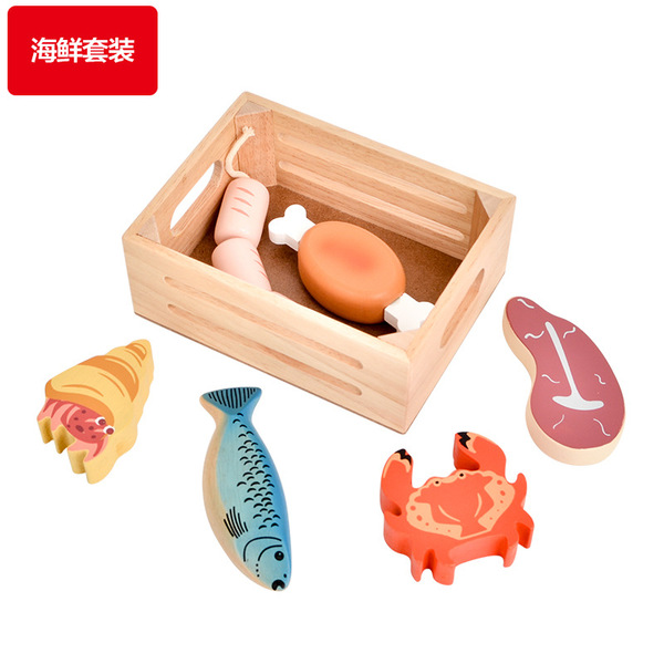 Role-Playing Simulation Seafood Dessert Wooden Frame Set Early Education Cognitive Large Particle Building Blocks Children's Educational Kitchen Toys