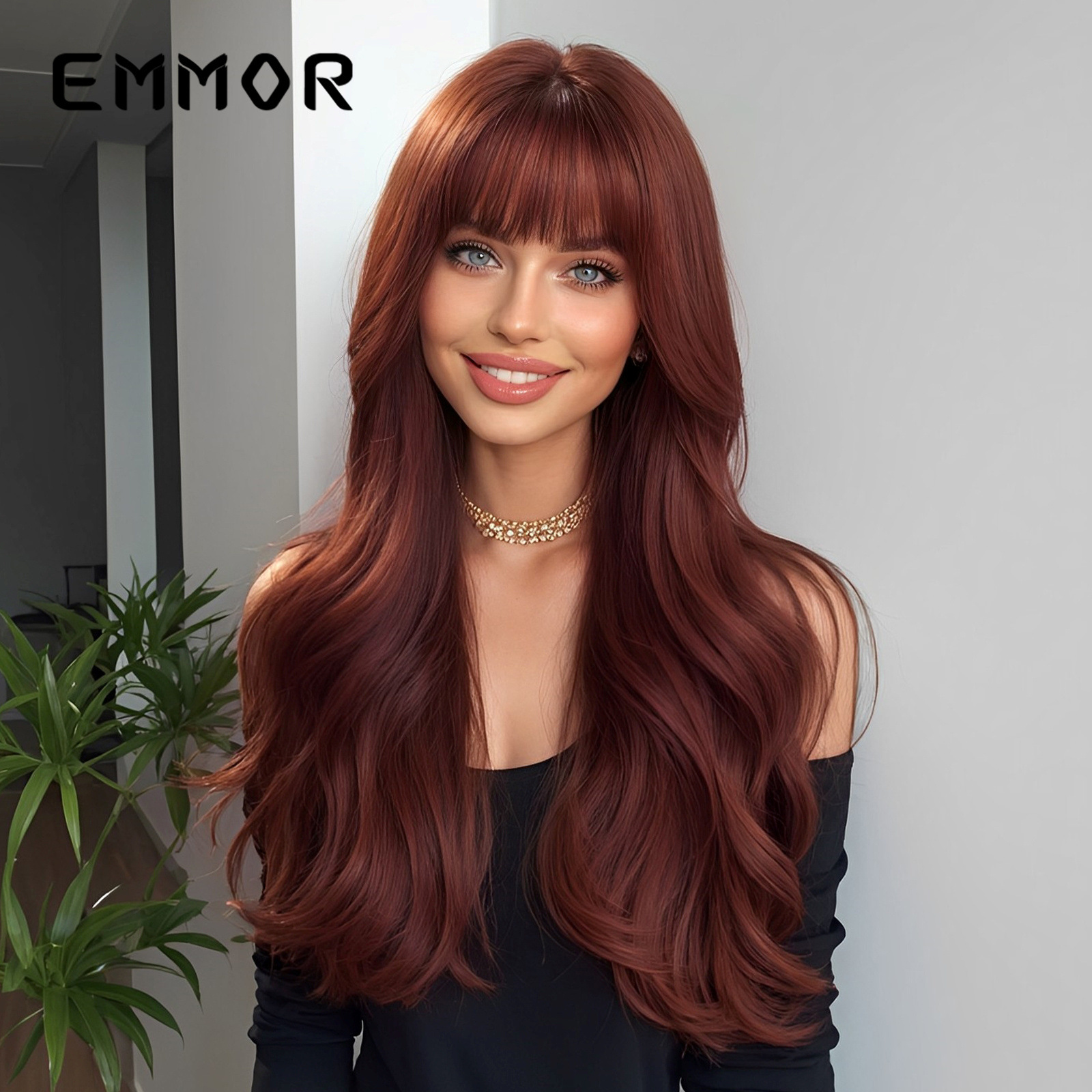 2024 nuevo estilo flequillo rojo vino rojo onda grande Pelo Rizado largo alta temperatura seda europea y americana peluca femenina cabeza completa cubierta