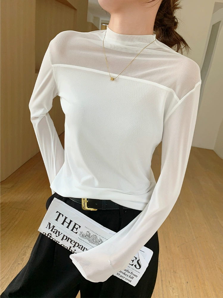 Lace black fitted long-sleeve, high collar