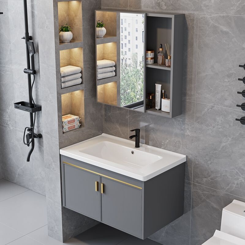 Bathroom vanity and mirror cabinet set, wall-mounted, suitable for small apartments, including a washbasin cabinet and a ceramic integrated sink Bathroom vanity and mirror cabinet set, wall-mounted, suitable for small apartments, including a washbasin cabinet and a ceramic integrated sink