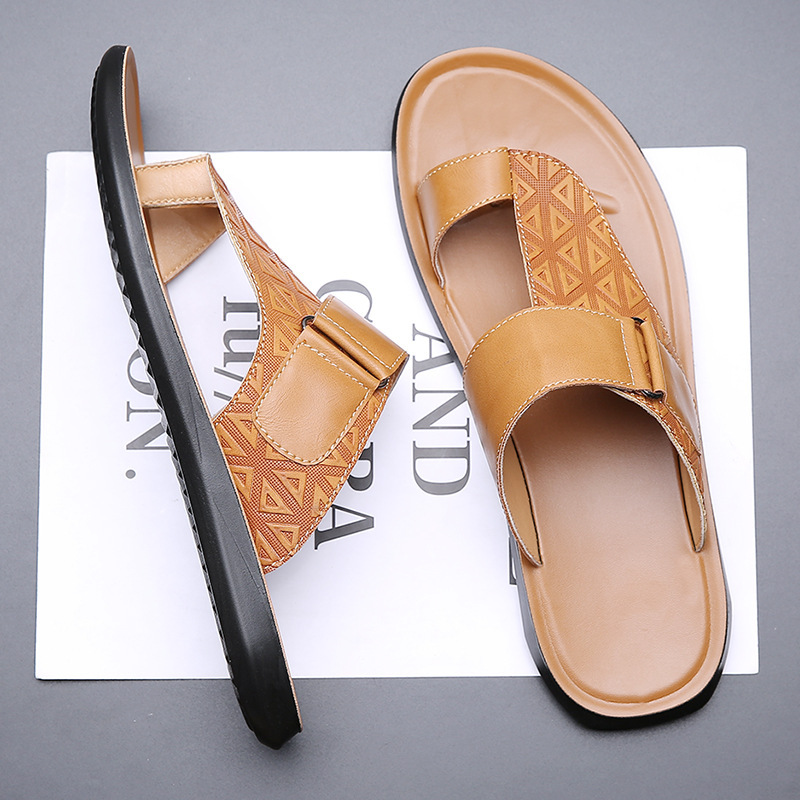 2023 New Summer Temu Men's Leather Sandals Large Size Fashion Versatile Simple Young Men's Beach Shoes Slippers