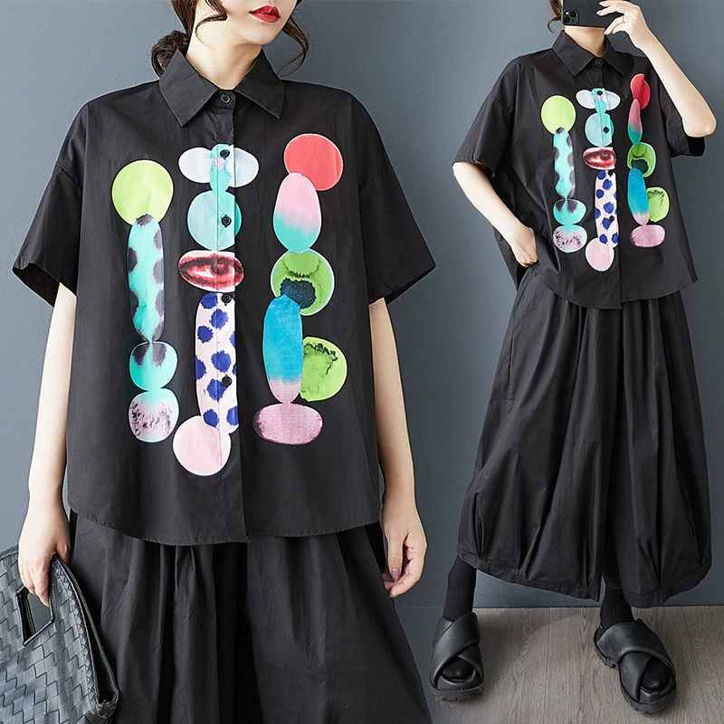 Реальная стрельба 2025 летний новый свободный большой размер печати повседневный простой пригородной сладкой рубашки с короткими рукавами