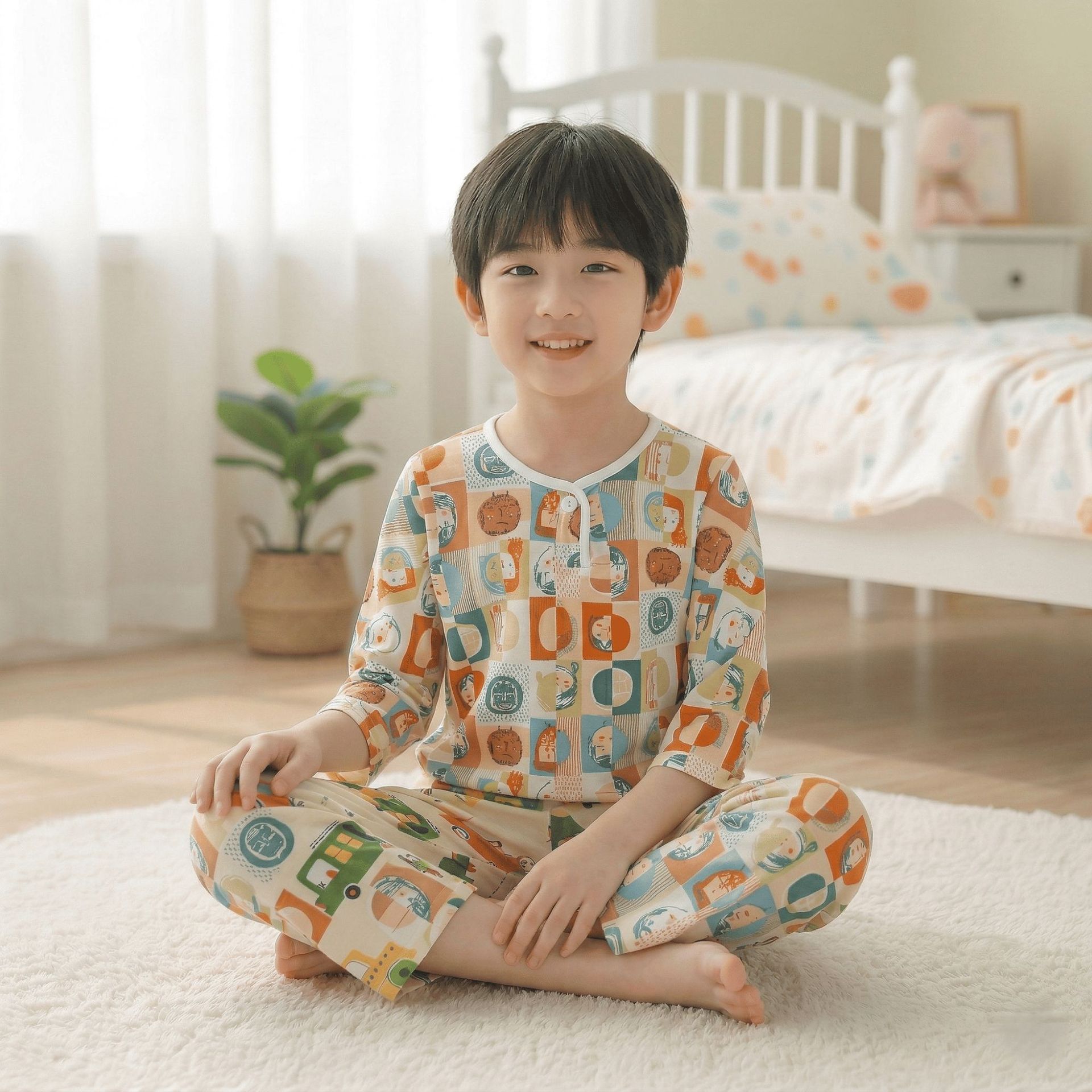 Children's cotton silk pajamas summer Boys' long-sleeved summer thin air conditioning baby suit boys and girls cotton silk homewear