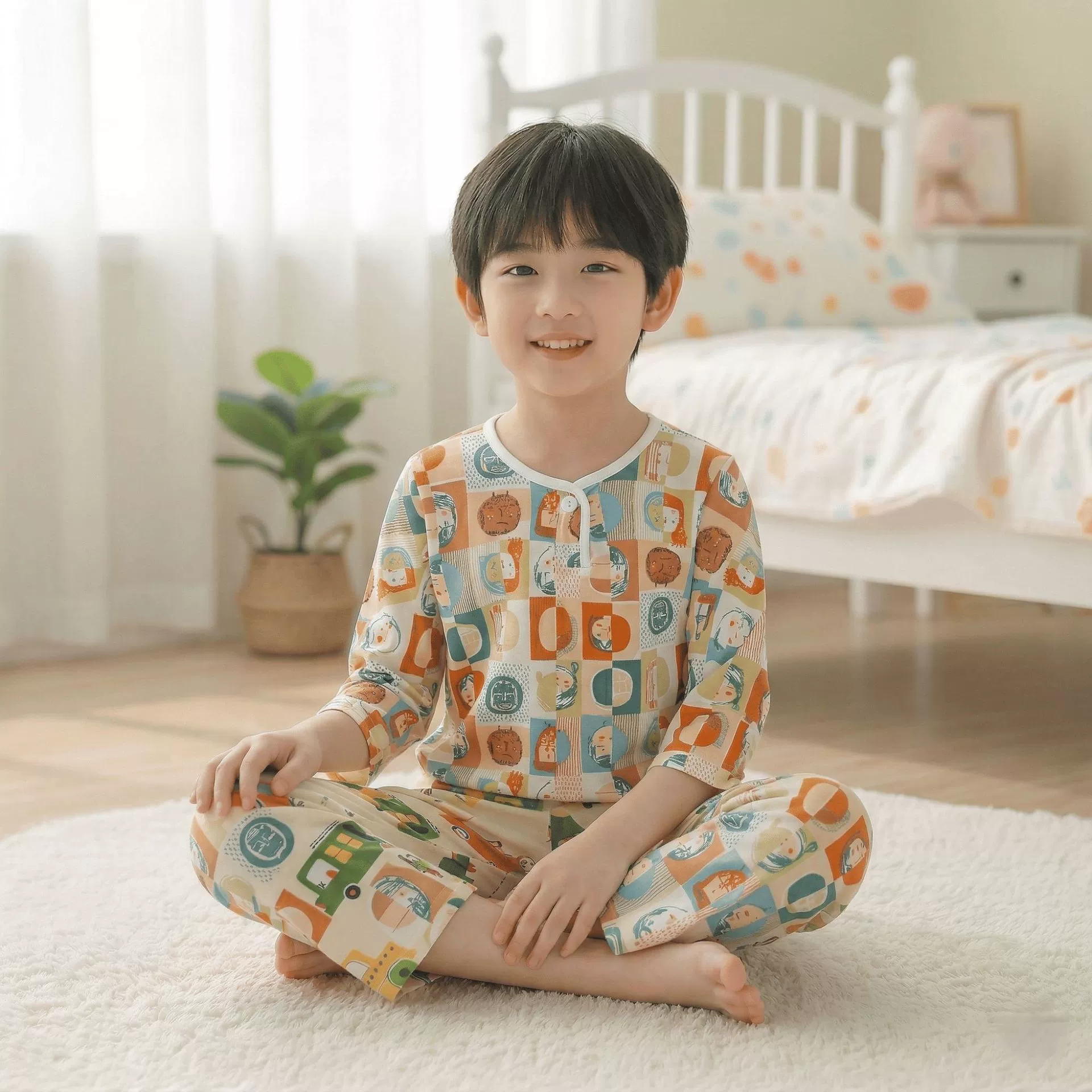 Children's summer pajama for boys — thin long-sleeve, multiple prints, sizes for heights 60–155 cm