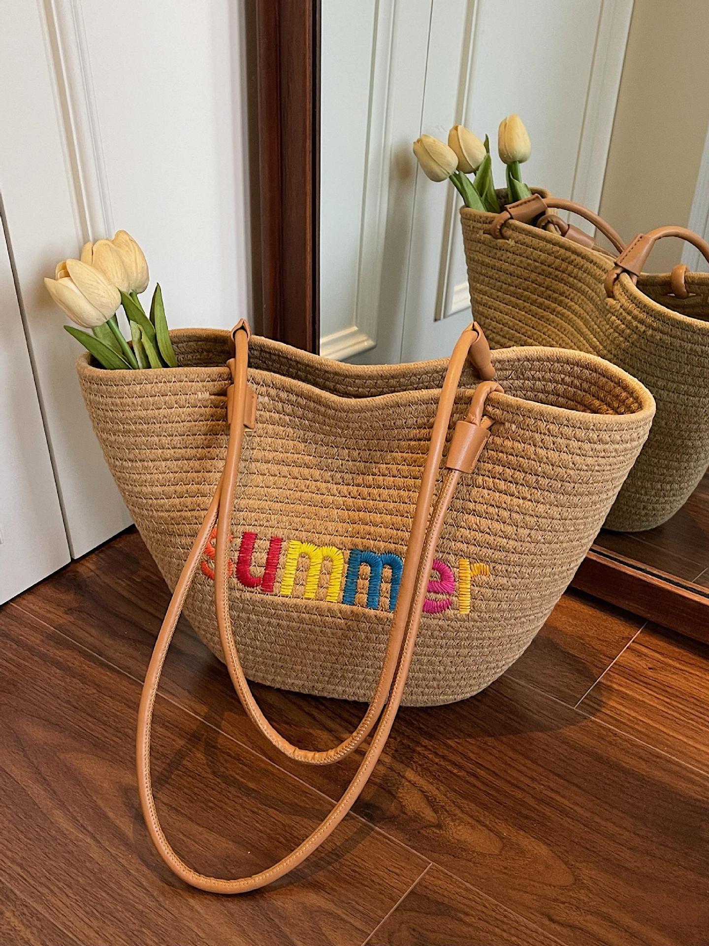 Bolso Tote de Paja Playero, Paja, Diseño Abierto, para Vacaciones y Uso Diario