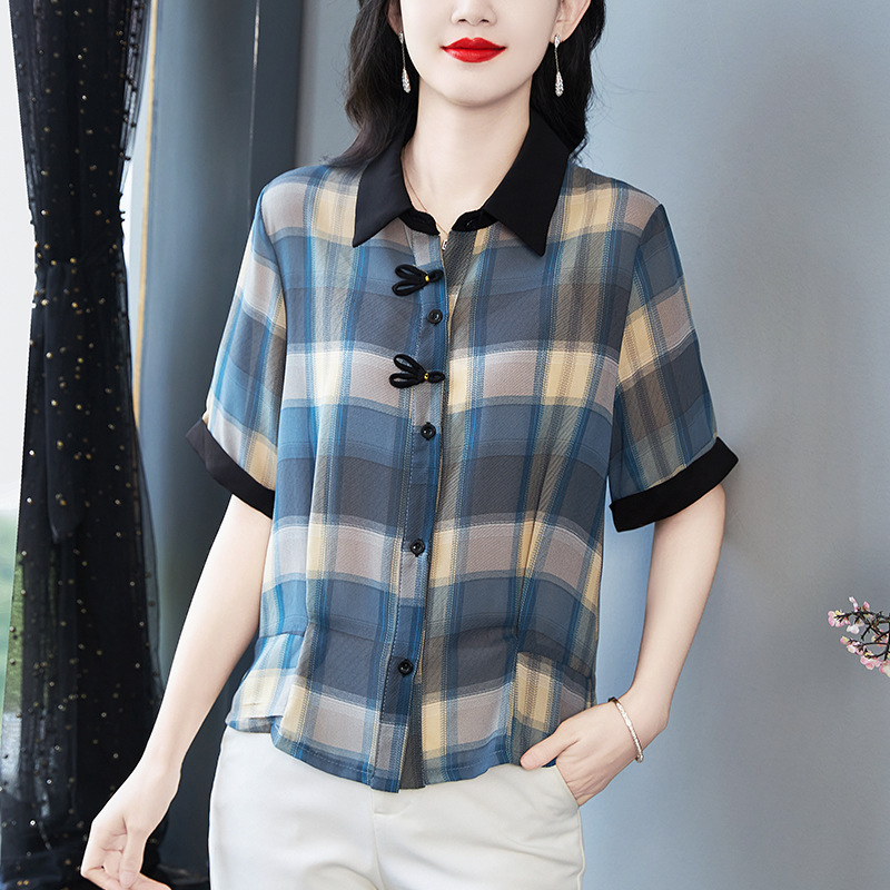 高端品牌女士真丝衬衣夏季中式薄款妈妈上衣翻领气质雪纺女装衬衫