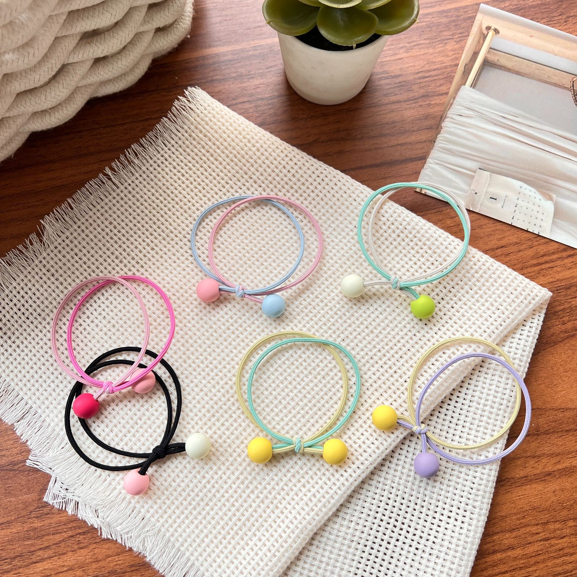 簡約撞色圓珠打結髮圈高彈力扎馬尾不傷發頭繩橡皮筋發繩韓版頭飾