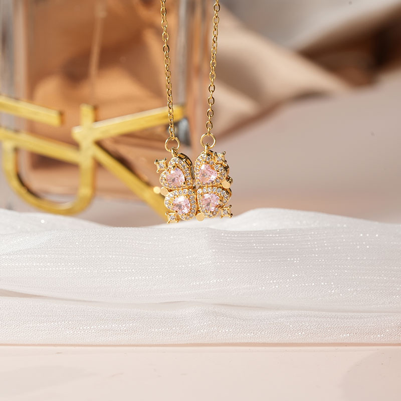 项链女日韩新款百变四叶花项链一款多戴爱心折叠开合小众锁骨链