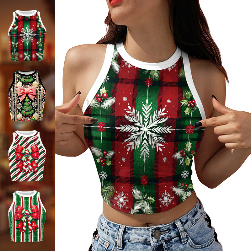 Christmas women's halter neck vest digital print red and green plaid snowflake holly berry crop top sleeveless vest Christmas women's halter neck vest digital print red and green plaid snowflake holly berry crop top sleeveless vest