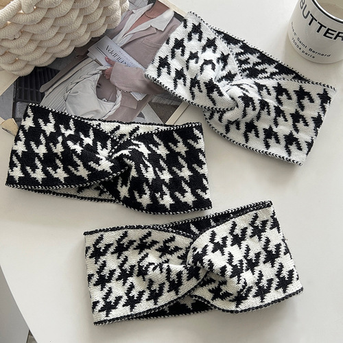 Houndstooth woolen hairband women's wide-brimmed confinement bag headscarf cross autumn and winter outdoor hair hoop  new headwear