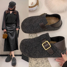厚底复古内增高两穿勃肯鞋女2025新款秋冬毛呢懒人真兔毛加绒棉鞋