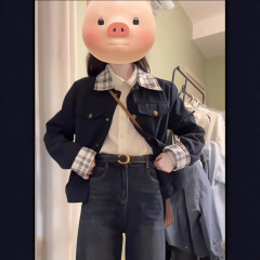 韩系复古格纹拼接翻领短款夹克女早秋新款小个子气质休闲外套批发