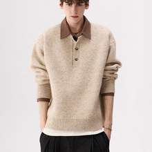 卡其色美式假两件毛衣男款冬季加厚polo领针织衫高级感内搭打底衫
