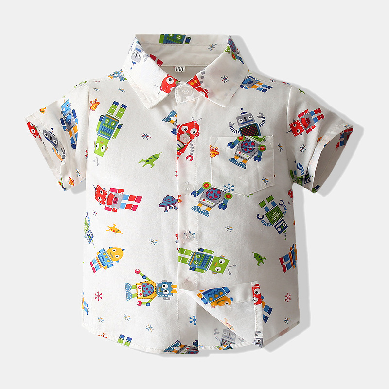 Boys' Cartoon Robot Shirt 2021 Summer New Foreign Trade Children's Wear Children's Short-sleeved Cotton Casual Shirt