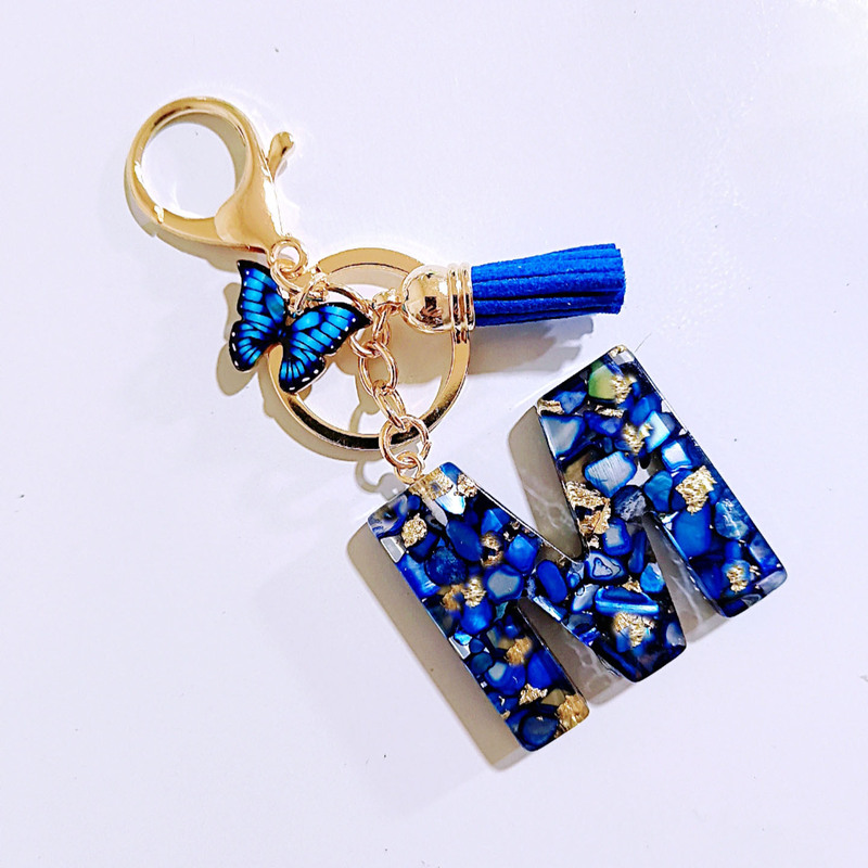 1 Royal Blue Glue English Letter Butterfly Tassel Keychain Bag Pendant Cross-Border Hot Selling Party Gift