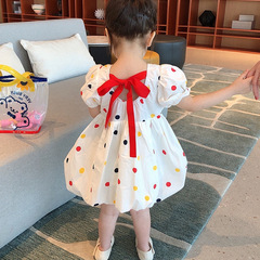 Girls' Skirt Dot Bow Short Sleeve Dress Flower Bud Dress 2024 Summer New Fashion Foreign Trade Children's Clothing Drop Shipping 