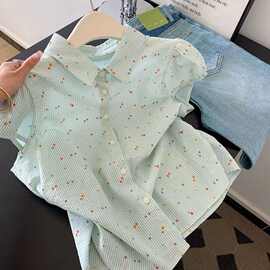 学院风夏季欧美碎花竖潮流印翻领条纹感满领带衬衣设计短袖衬衣