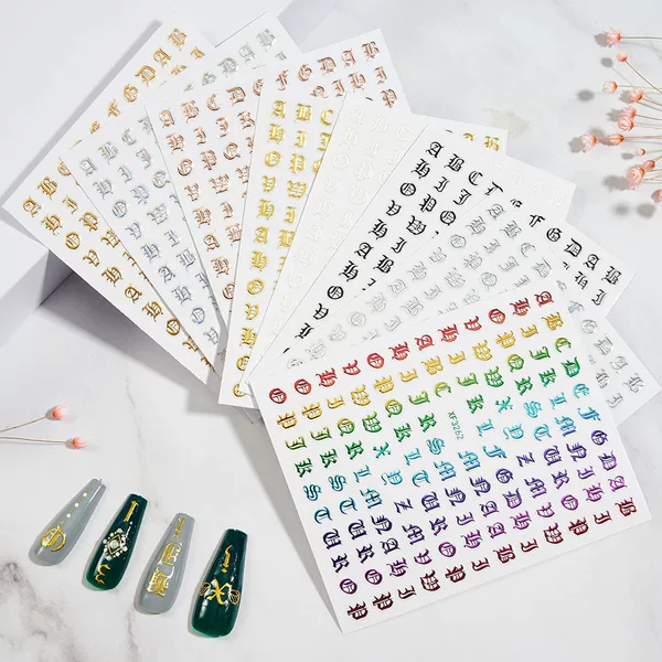 Processing and Customizing Colorful Laser Gold and Silver Nail Art Stickers Gothic Letter Nail Decoration Special Nail Art Stickers