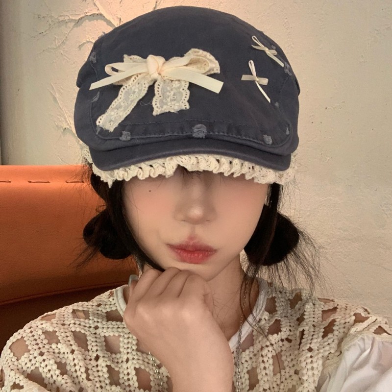 韩系甜美蕾丝蝴蝶结前进帽女水洗做旧破洞牛仔贝雷帽复古报童帽子|undefined